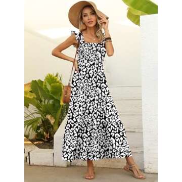 LOLONG Women's Summer Boho Spaghetti Strap Square Neck Ruffle Sleeveless Print Casual Flowy Long Dre...
