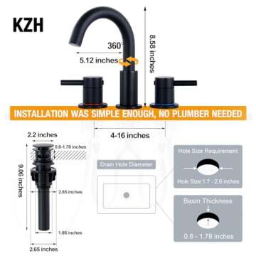 KZH Matte Black Bathroom Faucet 3 Hole, 8 inch Widespread Bathroom Faucet with Pop Up Drain, Bathroom Sink Faucet with 360° Swivel Spout, 2 Handle Vanity Faucet with Water Supply Hoses