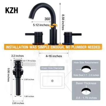 KZH Matte Black Bathroom Faucet 3 Hole, 8 inch Widespread Bathroom Faucet with Pop Up Drain, Bathroom Sink Faucet with 360° Swivel Spout, 2 Handle Vanity Faucet with Water Supply Hoses