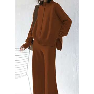 Fixmatti Women's 2 Piece Outfit Sweater Set Long Sleeve Knit Top and Wide Leg Long Pants Sweatsuit Coffee S