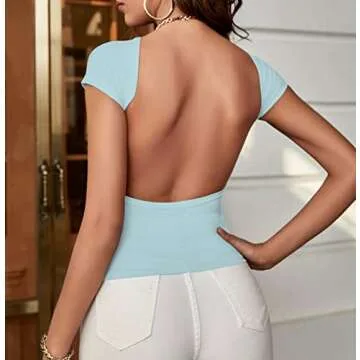 ForeFair Women Sexy Backless Top Open Back Short Sleeve Shirts Cute Slim Fit Crewneck Summer Casual Y2K Tops（Blue,S）