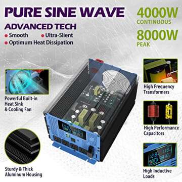 4000 Watt Pure Sine Wave Power Inverter 12V DC to 110 / 120V AC with 4 AC Sockets, Type-C Port, Dual USB Ports, AC Terminal Blocks, LCD Display, Remote Control for Home Solar System Emergency