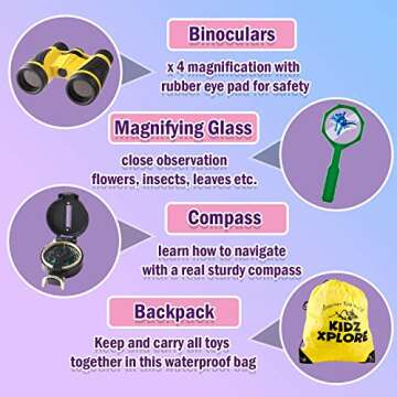 Kidz Xplore Outdoor Explorer Set - Bug Catching Kit Nature Exploration Children Outdoor Games Mini Binoculars Kids, Compass, Whistle, Magnifying Glass, Adventure, Hunting, Hiking Educational Toy