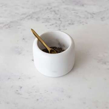 Creative Co-Op Marble Pinch Pot with Brass Spoon, Set of 2 Serveware, 4"L x 4"W x 3"H, White