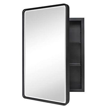 TEHOME Farmhouse Black Metal Framed Recessed Bathroom Medicine Cabinet with Beveled Mirror Rounded R...