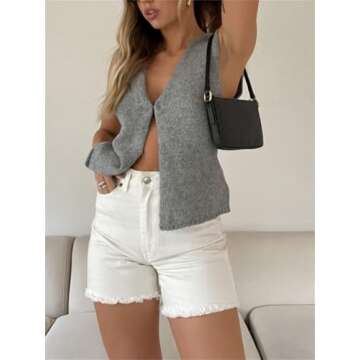 Women Crochet Vest Top Y2k Knit V Neck Sleeveless Button Down Vintage Casual Streetwear Grey S