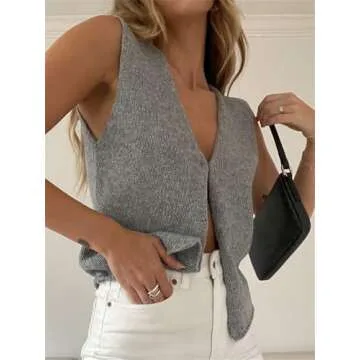 Women Crochet Vest Top Y2k Knit V Neck Sleeveless Button Down Vintage Casual Streetwear Grey S