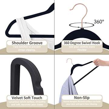 NesTidy Black Velvet Hangers 60 Pack, 17.5 Inch Black Felt Hangers Non Slip Space Saving, Clothes Hangers for Closet with 360 Degree Swivel Hook, Flocked Hangers for Coat, Sweater, Pants& Dress(Black)