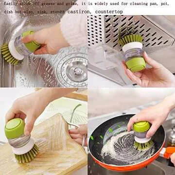 Dish Brush with Soap Dispenser, Dishwashing Kitchen Scrub Brushes Dish Scrubber with Holder Drip Tray, for Cleaning Pan, Pot, Sink(Grey)