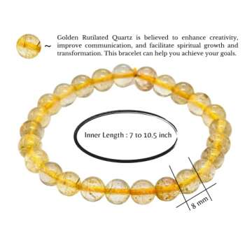 Gold Rutilated Quartz Bracelet for Women Men's Gifts - Protection Healing Crystal Bracelet - 8mm Gemstone Beaded Stretchable Bracelet Pulseras Para Hombres Mujer Stocking Stuffers
