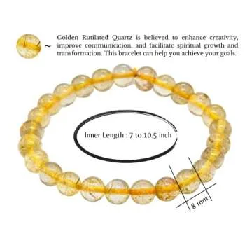 Gold Rutilated Quartz Bracelet for Women Men's Gifts - Protection Healing Crystal Bracelet - 8mm Gemstone Beaded Stretchable Bracelet Pulseras Para Hombres Mujer Stocking Stuffers