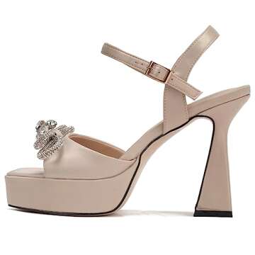 Sqzrkj Women's High Heels Rhinestone Bow Platforms Heels Wedding Party Dress Chunky Heel Open Toe Sexy Sandals