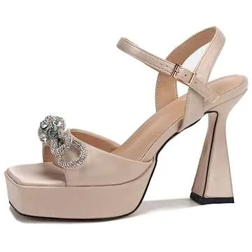Sqzrkj Women's High Heels Rhinestone Bow Platforms Heels Wedding Party Dress Chunky Heel Open Toe Sexy Sandals