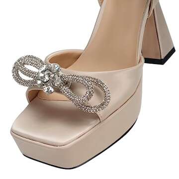 Sqzrkj Women's High Heels Rhinestone Bow Platforms Heels Wedding Party Dress Chunky Heel Open Toe Sexy Sandals