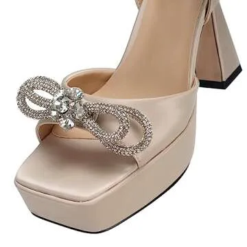 Sqzrkj Women's High Heels Rhinestone Bow Platforms Heels Wedding Party Dress Chunky Heel Open Toe Sexy Sandals