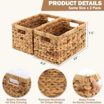 Edergoo Wicker Storage Basket, Water Hyacinth Storage Baskets with Built-in Handles, Large Wicker Baskets for Storage, 2 Pack Wicker Baskets for Organizing, Natural
