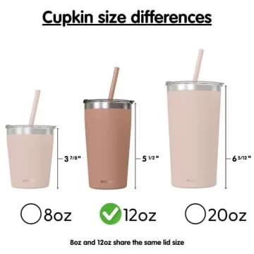 CUPKIN Toddler Tumblers, The Original 12 oz Stackable Stainless Steel Cups, Set of 2 Powder Coated Insulated Kids Water Bottle Alternative + BPA Free Lids + Reusable Silicone Straws (Brown + Peach)