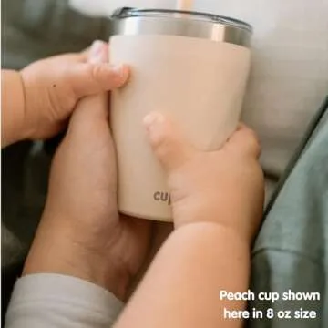 CUPKIN Toddler Tumblers, The Original 12 oz Stackable Stainless Steel Cups, Set of 2 Powder Coated Insulated Kids Water Bottle Alternative + BPA Free Lids + Reusable Silicone Straws (Brown + Peach)