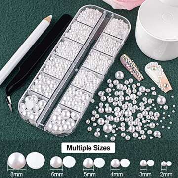 2700 PCS of 2 Boxes Flat Back Pearls Kits Half Round White+Beige Pearls with Quick Dry Makeup Glue+P...