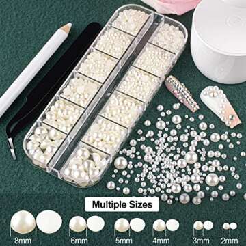 2700 PCS of 2 Boxes Flat Back Pearls Kits Half Round White+Beige Pearls with Quick Dry Makeup Glue+Picker Pencil+Tweezer for Nail Art and Face Eye Body Make-up