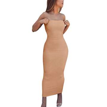 BORIFLORS Women's Basic Sleeveless Tube Top Sexy Strapless Bodycon Midi Club Dress,Medium,Khaki