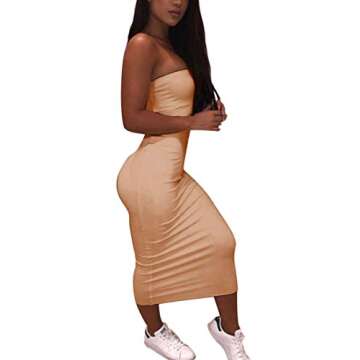 BORIFLORS Women's Basic Sleeveless Tube Top Sexy Strapless Bodycon Midi Club Dress,Medium,Khaki