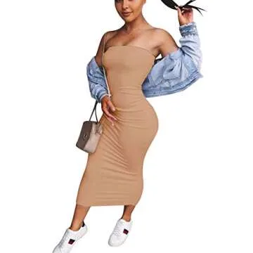 BORIFLORS Women's Basic Sleeveless Tube Top Sexy Strapless Bodycon Midi Club Dress,Medium,Khaki