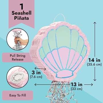 BLUE PANDA Pull String Seashell Pinata - Mermaid Birthday Decorations, Under The Sea Party Supplies (Small, 14x13x3 in)