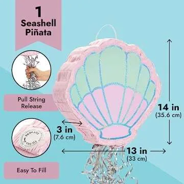 BLUE PANDA Pull String Seashell Pinata - Mermaid Birthday Decorations, Under The Sea Party Supplies (Small, 14x13x3 in)