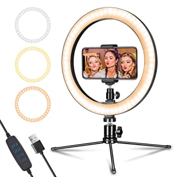 Dimmable Desk Makeup LED Ring Light 10" with Tripod Stand & Phone Holder for Live Streaming & YouTub...