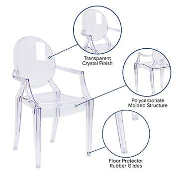 Flash Furniture Indoor/Outdoor Ghost Accent and Dining Chair with Curved Arms and Contoured Seat, Stackable Restaurant Chair, Transparent Crystal