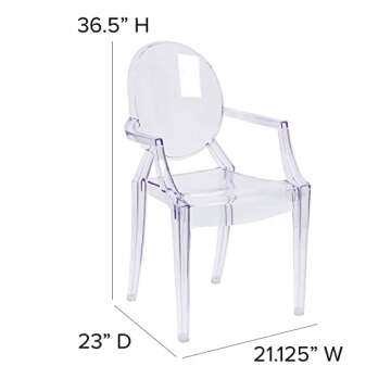 Flash Furniture Indoor/Outdoor Ghost Accent and Dining Chair with Curved Arms and Contoured Seat, Stackable Restaurant Chair, Transparent Crystal
