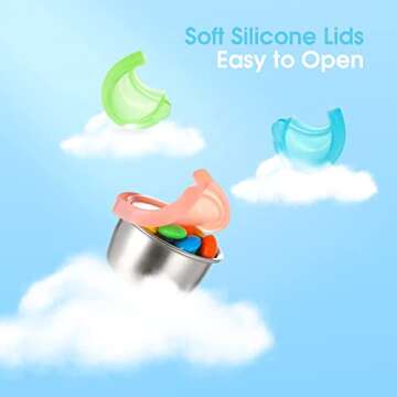 Salad Dressing Container To Go, 6x1.6 oz Small Containers with Lids, Fits in Bentgo Kids Lunch Box, Stainless Steel Condiment Cup, Premium Silicone, Easy Open, Leakproof Dipping Sauce Containers