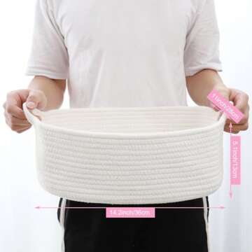 ABenkle Rope Basket, Small Storage Gift Basket, Rectangle Under Shelf Basket, Decorative Boho White Rope Woven Basket with Handle for Dog Toy Egg Fruit Snack Towel Easter