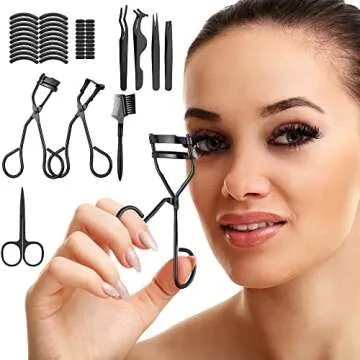 Mudder 48 Pcs Eyelash Curler Makeup Tools Set, Include Mini Eyelash Curler Kit, Eyebrow Extension Tweezers, Brush Comb and Scissors, Silicone Refill Pads, Black