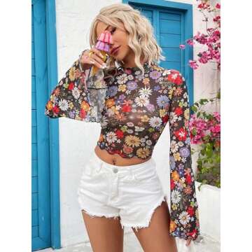 Floerns Long Sleeve Sheer Mesh Crop Tee - Trendy Night Out Top