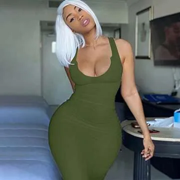 Women Sexy Summer Casual Slit Scoop Neck Ottoman Rib Club Beach Basic Long Bodycon Maxi Tank Sun Dre...