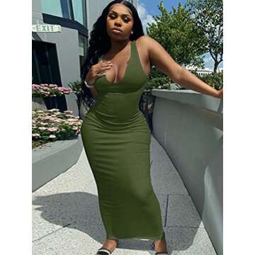 Women Sexy Summer Casual Slit Scoop Neck Ottoman Rib Club Beach Basic Long Bodycon Maxi Tank Sun Dress Army Green XL