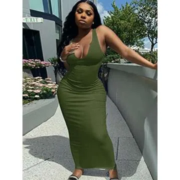 Women Sexy Summer Casual Slit Scoop Neck Ottoman Rib Club Beach Basic Long Bodycon Maxi Tank Sun Dress Army Green XL