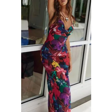 PRETTYGARDEN Floral Summer Wedding Guest Dresses for Women Adjustable Straps Sexy Dress Sleeveless Mesh Bodycon Maxi Dress (Navy Red Big Floral,Medium)