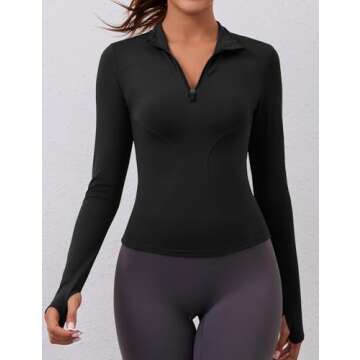 Workout Shirts Women Long Sleeve Yoga Tops Sports Running Shirts Half Zip Pullover Athletic Top Slim Fit Cropped(Black,Medium)