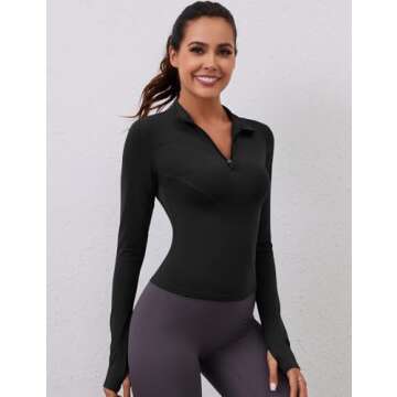 Workout Shirts Women Long Sleeve Yoga Tops Sports Running Shirts Half Zip Pullover Athletic Top Slim Fit Cropped(Black,Medium)