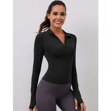 Workout Shirts Women Long Sleeve Yoga Tops Sports Running Shirts Half Zip Pullover Athletic Top Slim Fit Cropped(Black,Medium)