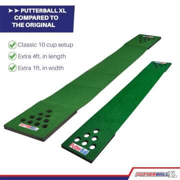 PutterBall Golf Pong Game Set The Original - X-Large 10 Cup Version - Includes 2 Putters, 2 Golf Balls, Green Putting Pong Golf Mat & Golf Hole Covers - Best Backyard Party Golf Game Set