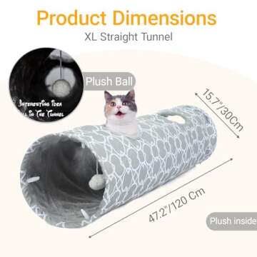 LUCKITTY Geometric Straight Cat Tunnel with Plush Inside,Cats Toys Collapsible Tunnel Tube with Balls, for Rabbits, Kittens, Ferrets,Puppy,Diameter 11.8 Inch