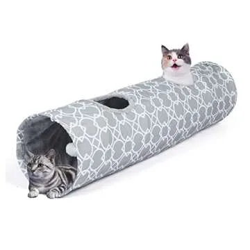 LUCKITTY Geometric Straight Cat Tunnel with Plush Inside,Cats Toys Collapsible Tunnel Tube with Balls, for Rabbits, Kittens, Ferrets,Puppy,Diameter 11.8 Inch