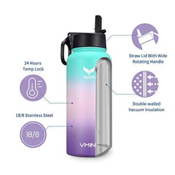 Vmini Water Bottle with New Wide Handle Straw Lid, Wide Mouth Vacuum Insulated 18/8 Stainless Steel, 32 oz, Gradient Mint + Pink + Purple