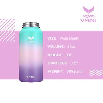 Vmini Water Bottle with New Wide Handle Straw Lid, Wide Mouth Vacuum Insulated 18/8 Stainless Steel, 32 oz, Gradient Mint + Pink + Purple