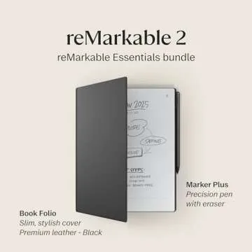reMarkable 2 Bundle - Leather Folio | 10.3'' reMarkable 2 Paper Tablet, Marker Plus Pen with Built-in Eraser and Book Folio Case in Black Premium Leather
