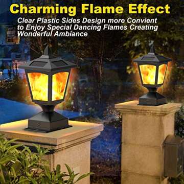 Solar Post Flame Light, Outdoor Deck Fence Post Cap Top LED Light wih Flickering Flame, Waterproof, ...